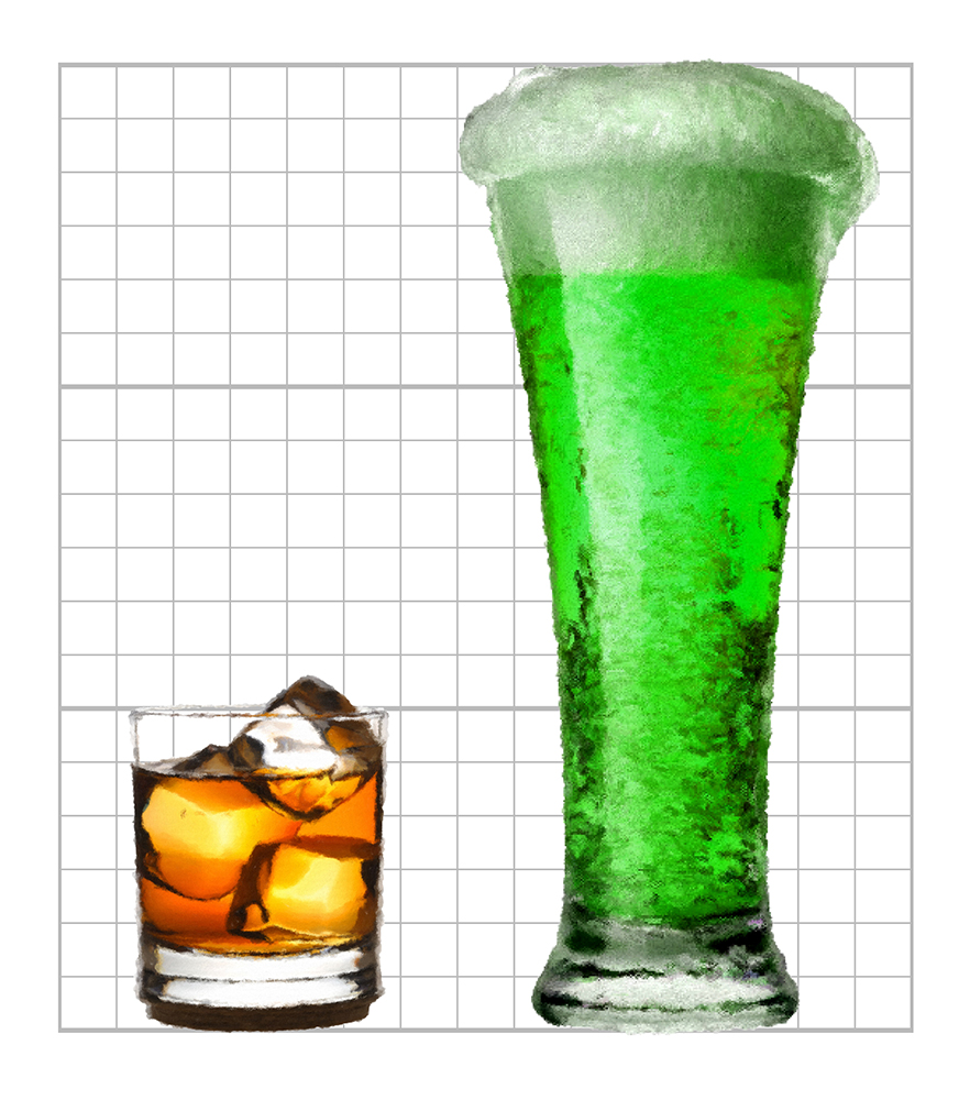 Graphic illustration using a brown liquor and a green mixed drink, showing that drinkers who mix alcohol and energy drinks are 3X more likely to binge drink