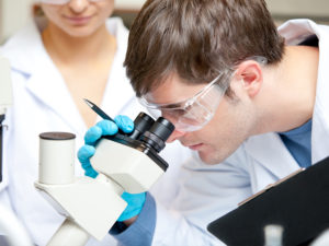 Picture of a scientist examining something in a microscope
